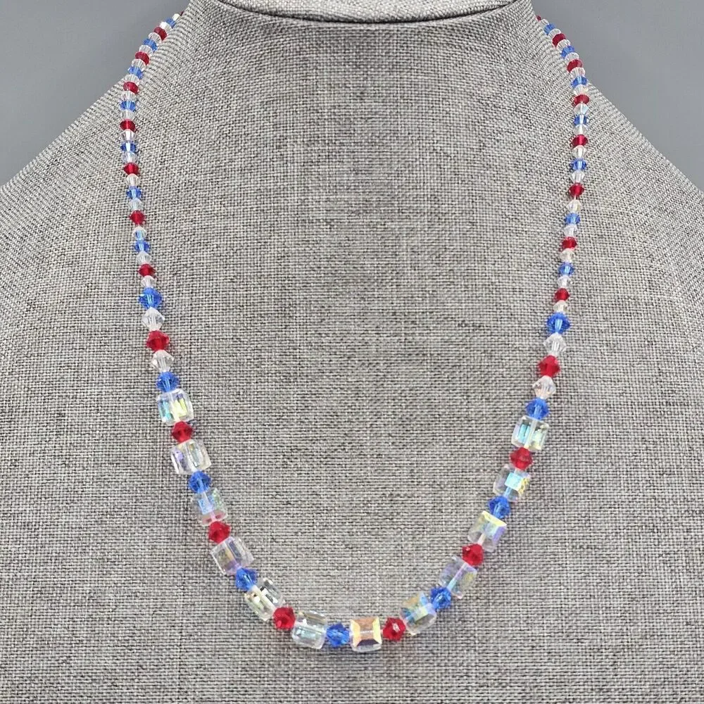 Red White Blue Necklace Aurora Borealis Square Crystal Bead Iridescent 22 in - Picture 1 of 8